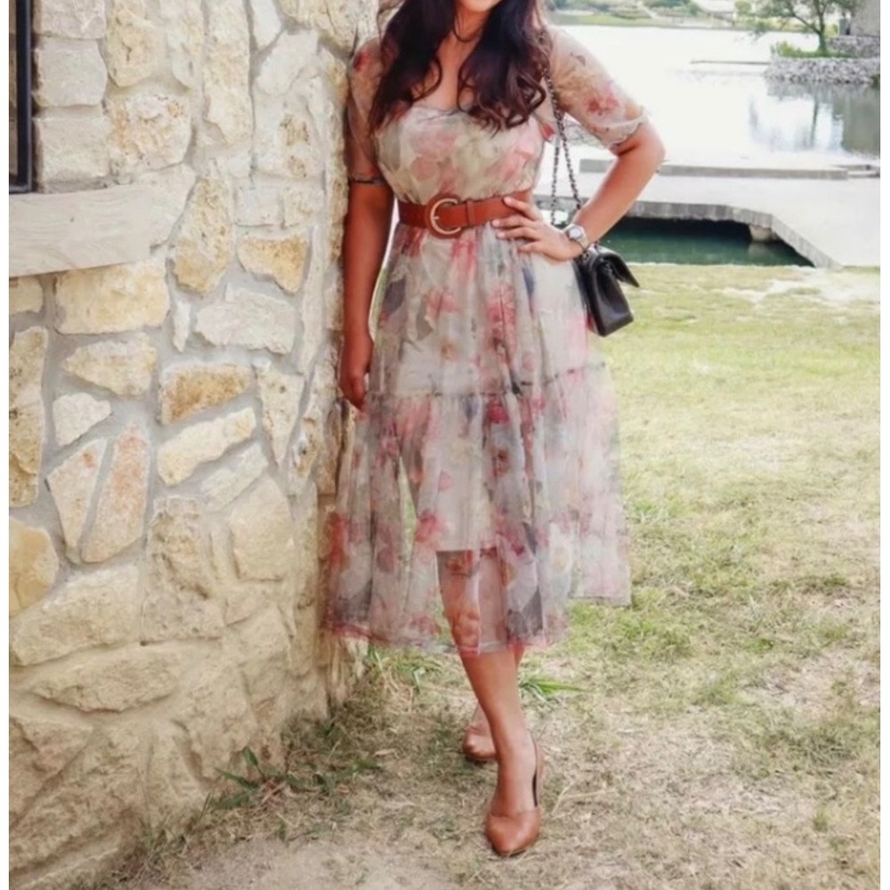 H&M sz M Sheer Floral Puff Sleeve Tiered Tulle Midi Maxi Dress Whimsical Fairy - Picture 7 of 14